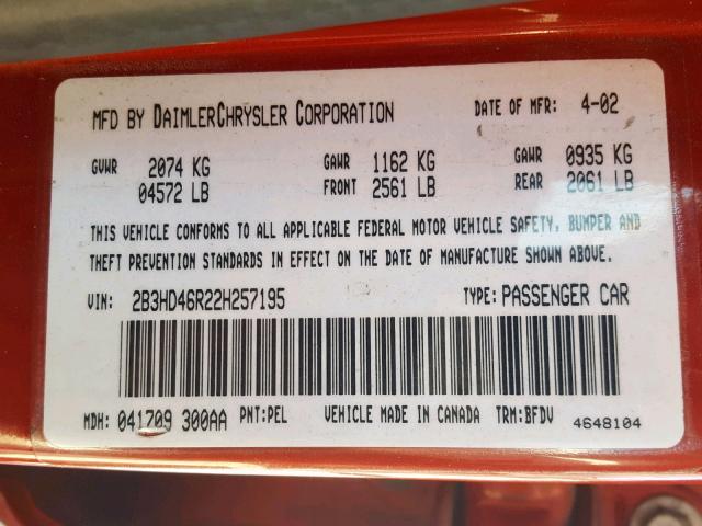 2B3HD46R22H257195 - 2002 DODGE INTREPID S RED photo 10