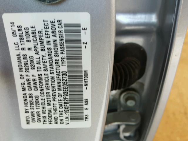 19XFB2F93EE052730 - 2014 HONDA CIVIC EXL 银色 照片 10