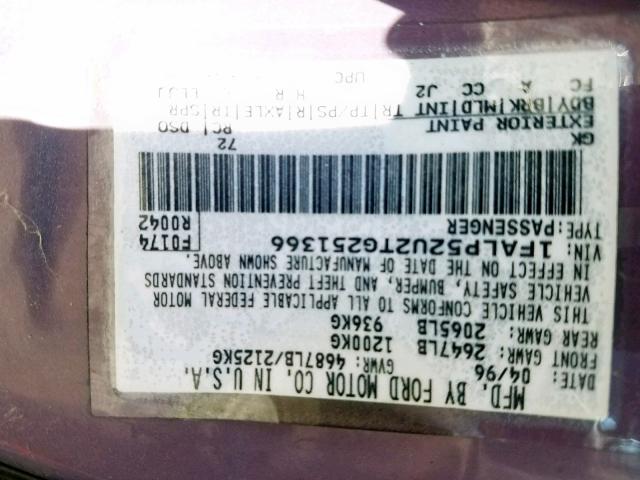 1FALP52U2TG251366 - 1996 FORD TAURUS GL PURPLE photo 10