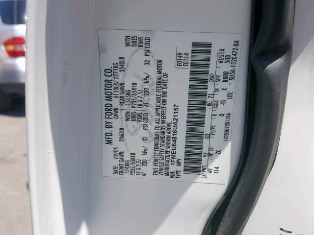 1FMEU64816UA21157 - 2006 FORD EXPLORER E WHITE photo 10