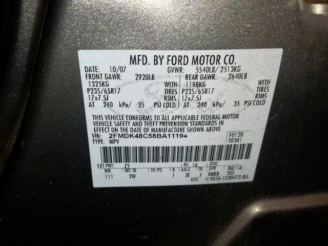 2FMDK48C58BA11194 - 2008 FORD EDGE SEL SILVER photo 10