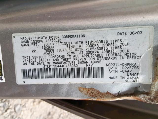 JTLKT324440136062 - 2004 TOYOTA SCION XB 灰色 照片 10