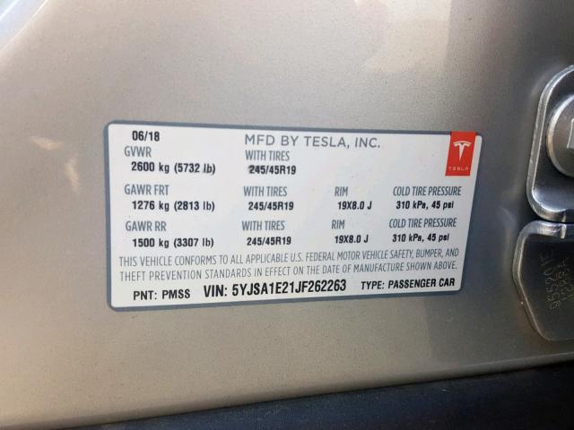 5YJSA1E21JF262263 - 2018 TESLA MODEL S SILVER photo 10