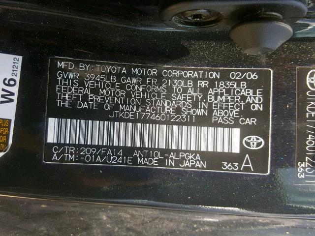 JTKDE177460122311 - 2006 TOYOTA SCION TC შავი ფოტო 10
