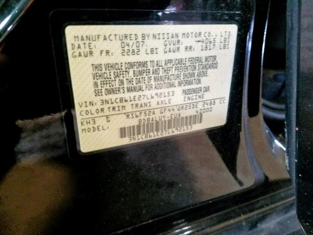 3N1CB61E27L692153 - 2007 NISSAN SENTRA SE- BLACK photo 10