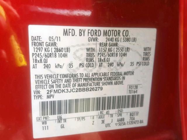 2FMDK3JC2BBB26279 - 2011 FORD EDGE SEL RED photo 10