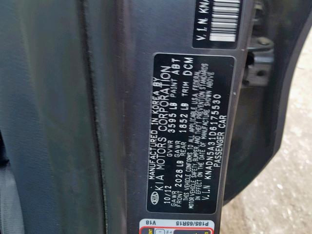 KNADN5A31D6175530 - 2013 KIA RIO EX GRAY photo 10