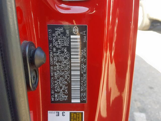 JTKJF5C72E3074057 - 2014 TOYOTA SCION TC წითელი ფოტო 10