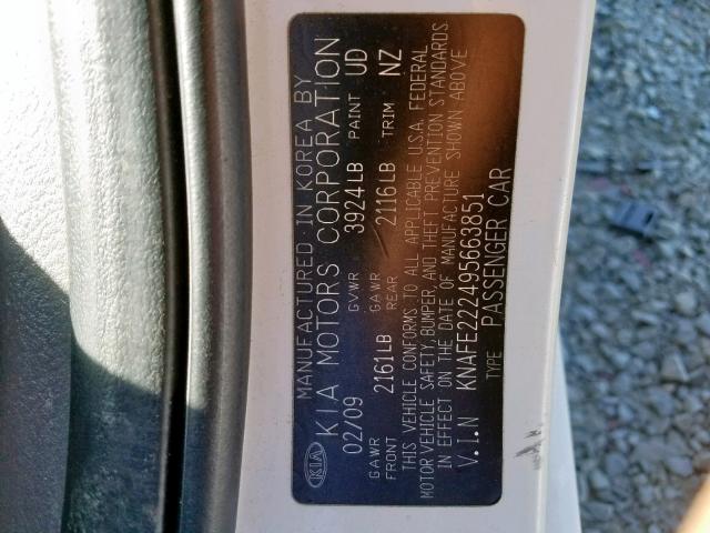 KNAFE222495663851 - 2009 KIA SPECTRA EX WHITE photo 10