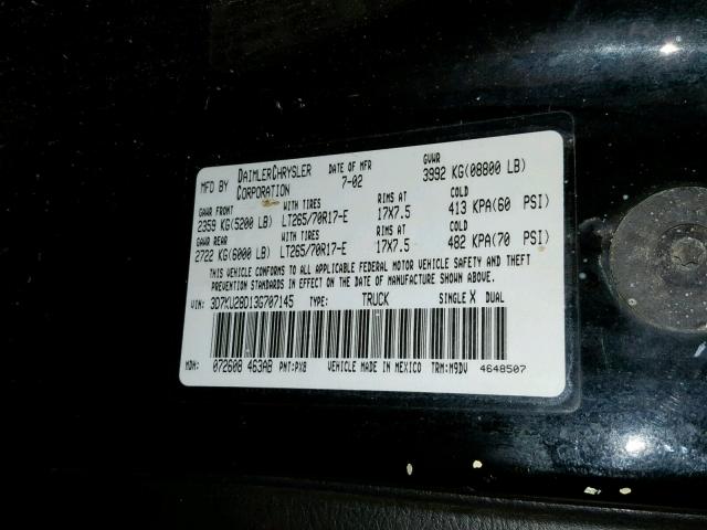 3D7KU28D13G707145 - 2003 DODGE RAM 2500 S BLACK photo 10