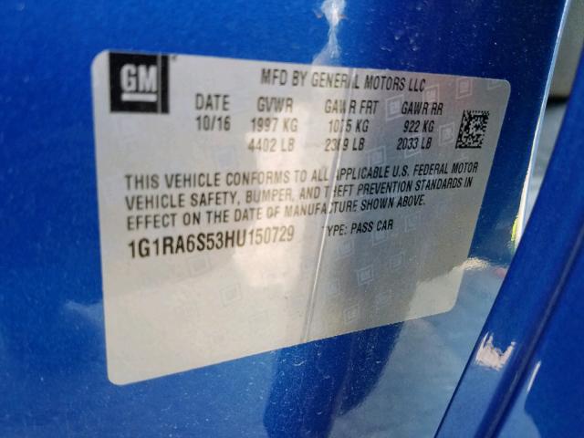 1G1RA6S53HU150729 - 2017 CHEVROLET VOLT LT BLUE photo 10