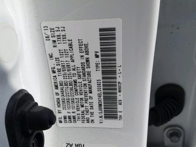 5J6RM3H74EL000825 - 2014 HONDA CR-V EXL WHITE photo 10