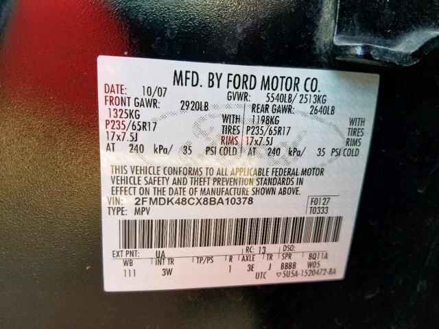 2FMDK48CX8BA10378 - 2008 FORD EDGE SEL BLACK photo 10