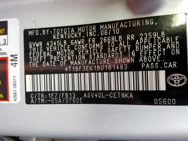 4T1BF3EK1BU161483 - 2011 TOYOTA CAMRY BASE SILVER photo 10