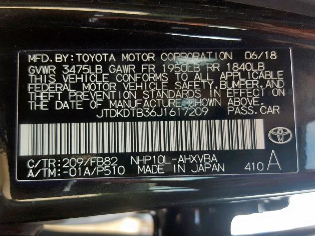 JTDKDTB36J1617209 - 2018 TOYOTA PRIUS C BLACK photo 10