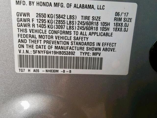 5FNYF6H19HB053892 - 2017 HONDA PILOT LX GRAY photo 10