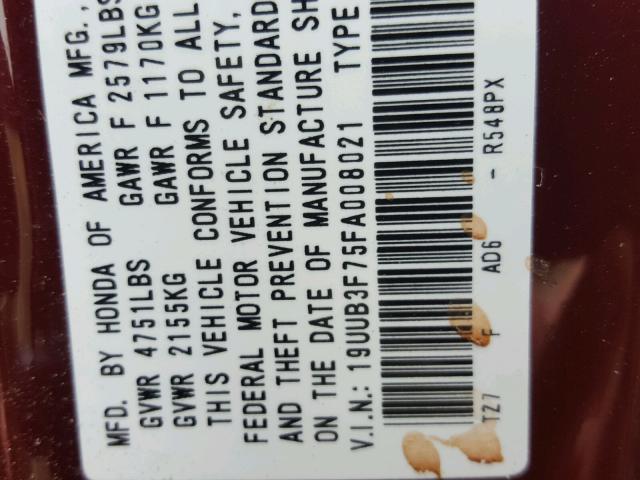 19UUB3F75FA008021 - 2015 ACURA TLX ADVANC 勃艮第红 照片 10