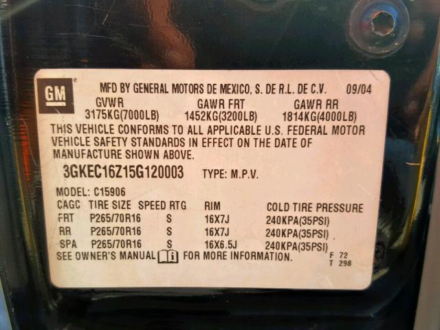 3GKEC16Z15G120003 - 2005 GMC YUKON XL C BLACK photo 10