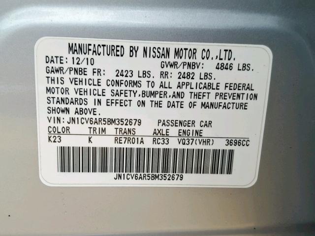 JN1CV6AR5BM352679 - 2011 INFINITI G37 SILVER photo 10