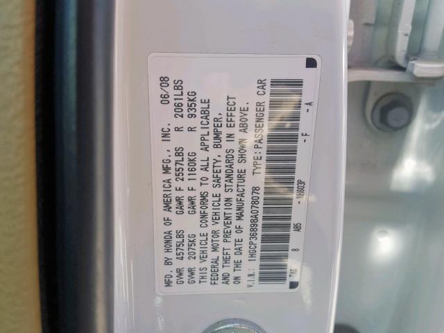 1HGCP36898A078078 - 2008 HONDA ACCORD EXL WHITE photo 10