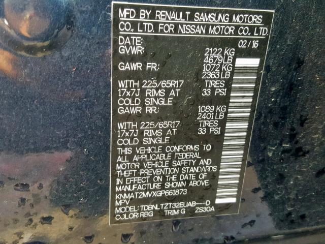 KNMAT2MVXGP661873 - 2016 NISSAN ROGUE S ლურჯი ფოტო 10
