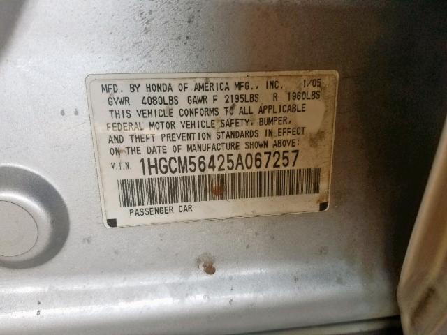 1HGCM56425A067257 - 2005 HONDA ACCORD LX SILVER photo 10