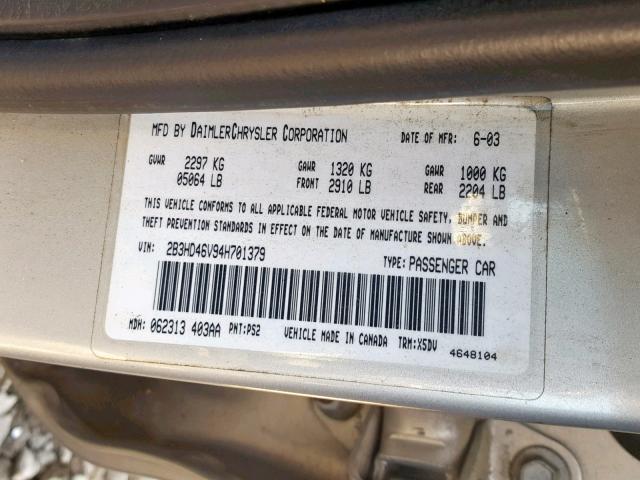 2B3HD46V94H701379 - 2004 DODGE INTREPID S BLUE photo 10