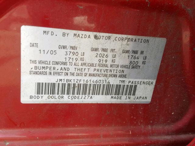 JM1BK12F161460314 - 2006 MAZDA 3 I RED photo 10