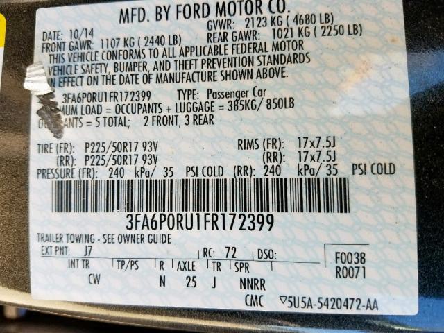 3FA6P0RU1FR172399 - 2015 FORD FUSION TIT GRAY photo 10