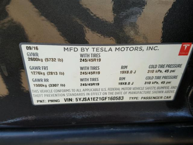 5YJSA1E21GF160583 - 2016 TESLA MODEL S CHARCOAL photo 10