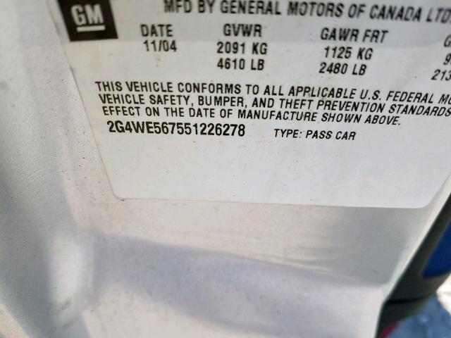 2G4WE567551226278 - 2005 BUICK LACROSSE C SILVER photo 10