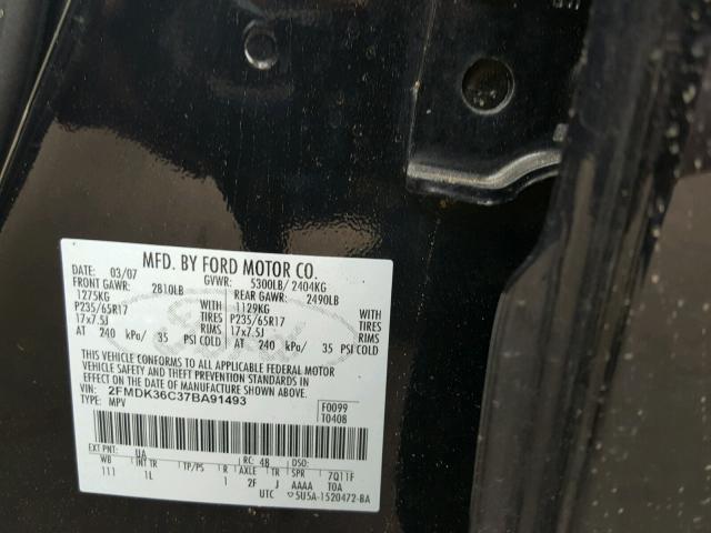 2FMDK36C37BA91493 - 2007 FORD EDGE SE BLACK photo 10