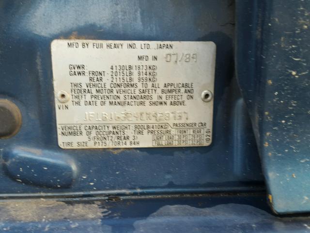 JF1BJ6324LK928737 - 1990 SUBARU LEGACY L BLUE photo 10