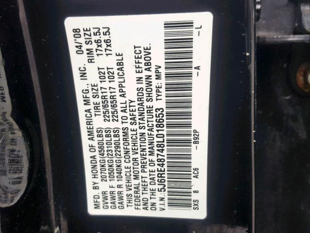 5J6RE48748L018653 - 2008 HONDA CR-V EXL BLACK photo 10