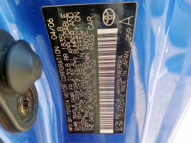 JTKDE167460138722 - 2006 TOYOTA SCION TC ლურჯი ფოტო 10