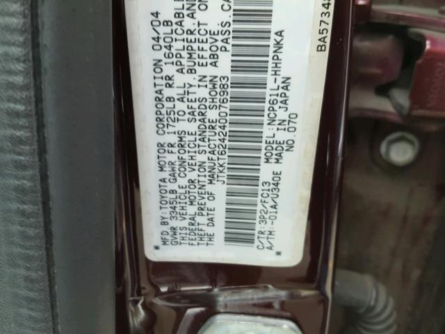 JTKKT624240076983 - 2004 TOYOTA SCION XA MAROON photo 10