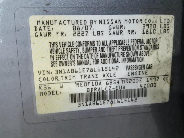 3N1AB61E78L615142 - 2008 NISSAN SENTRA 2.0 SILVER photo 10