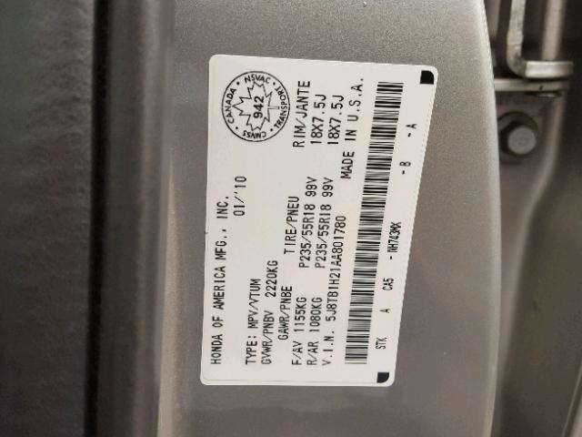 5J8TB1H21AA801780 - 2010 ACURA RDX SILVER photo 10