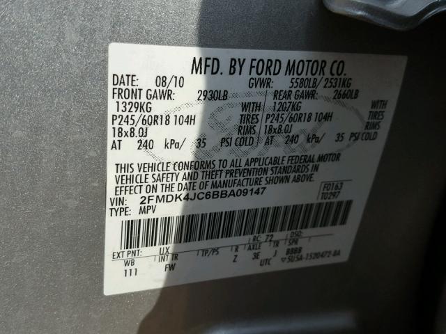 2FMDK4JC6BBA09147 - 2011 FORD EDGE SEL SILVER photo 10