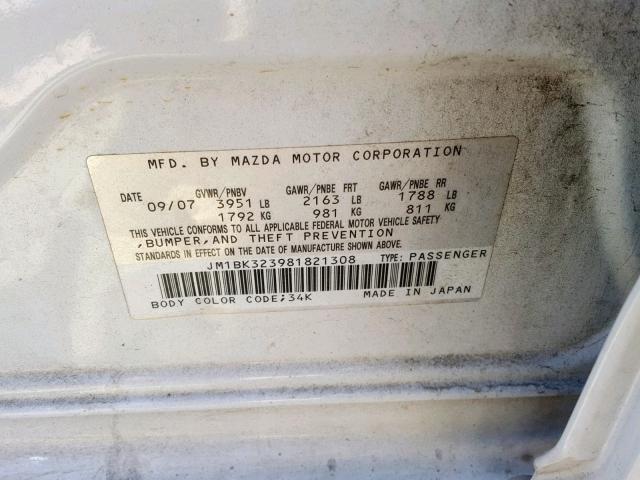 JM1BK323981821308 - 2008 MAZDA 3 S WHITE photo 10