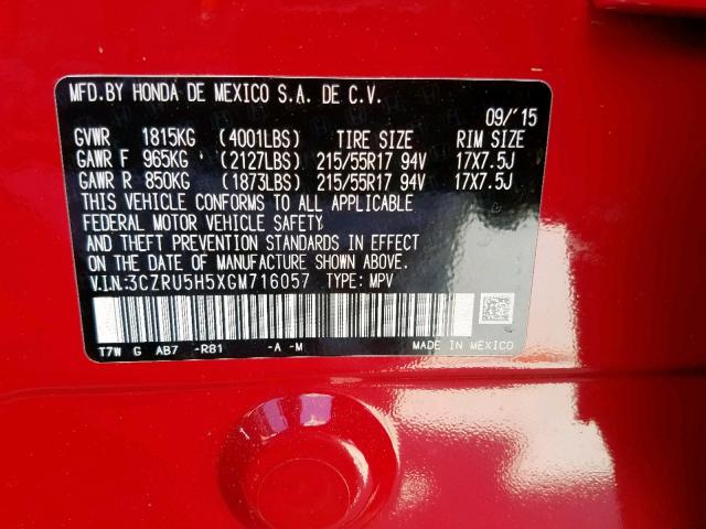 3CZRU5H5XGM716057 - 2016 HONDA HR-V EX RED photo 10