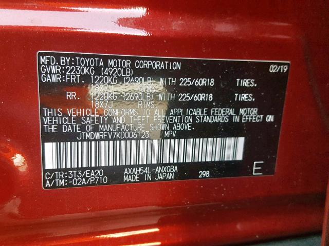 JTMDWRFV7KD006123 - 2019 TOYOTA RAV4 LIMIT RED photo 10