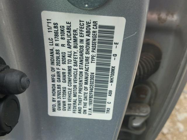 19XFB2F94CE023024 - 2012 HONDA CIVIC EXL SILVER photo 10