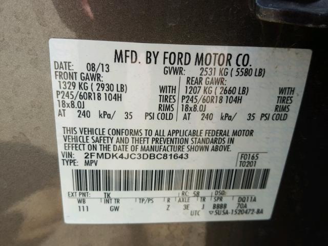 2FMDK4JC3DBC81643 - 2013 FORD EDGE SEL GRAY photo 10