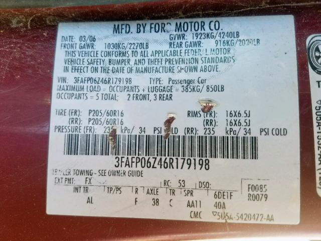 3FAFP06Z46R179198 - 2006 FORD FUSION S MAROON photo 10