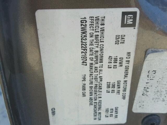 1G2WK52J22F219747 - 2002 PONTIAC GRAND PRIX GRAY photo 10