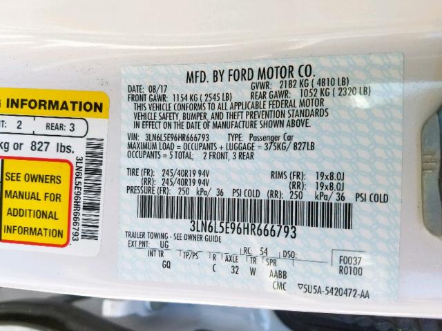 3LN6L5E96HR666793 - 2017 LINCOLN MKZ RESERV WHITE photo 10