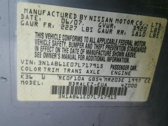 3N1AB61E07L717915 - 2007 NISSAN SENTRA 2.0 GRAY photo 10