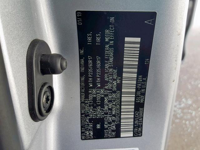 5TDYZ3DC6KS003869 - 2019 TOYOTA SIENNA LIM SILVER photo 10