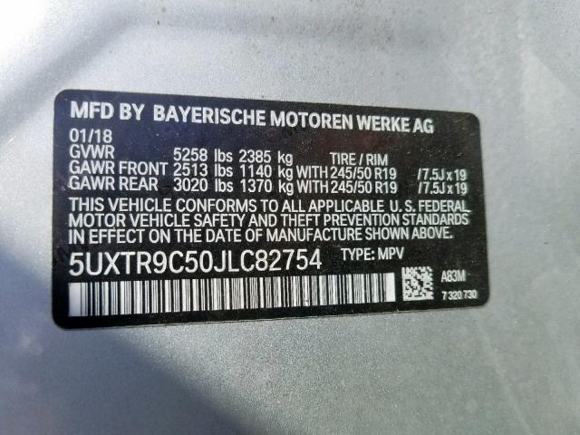 5UXTR9C50JLC82754 - 2018 BMW X3 XDRIVE 银色 照片 10